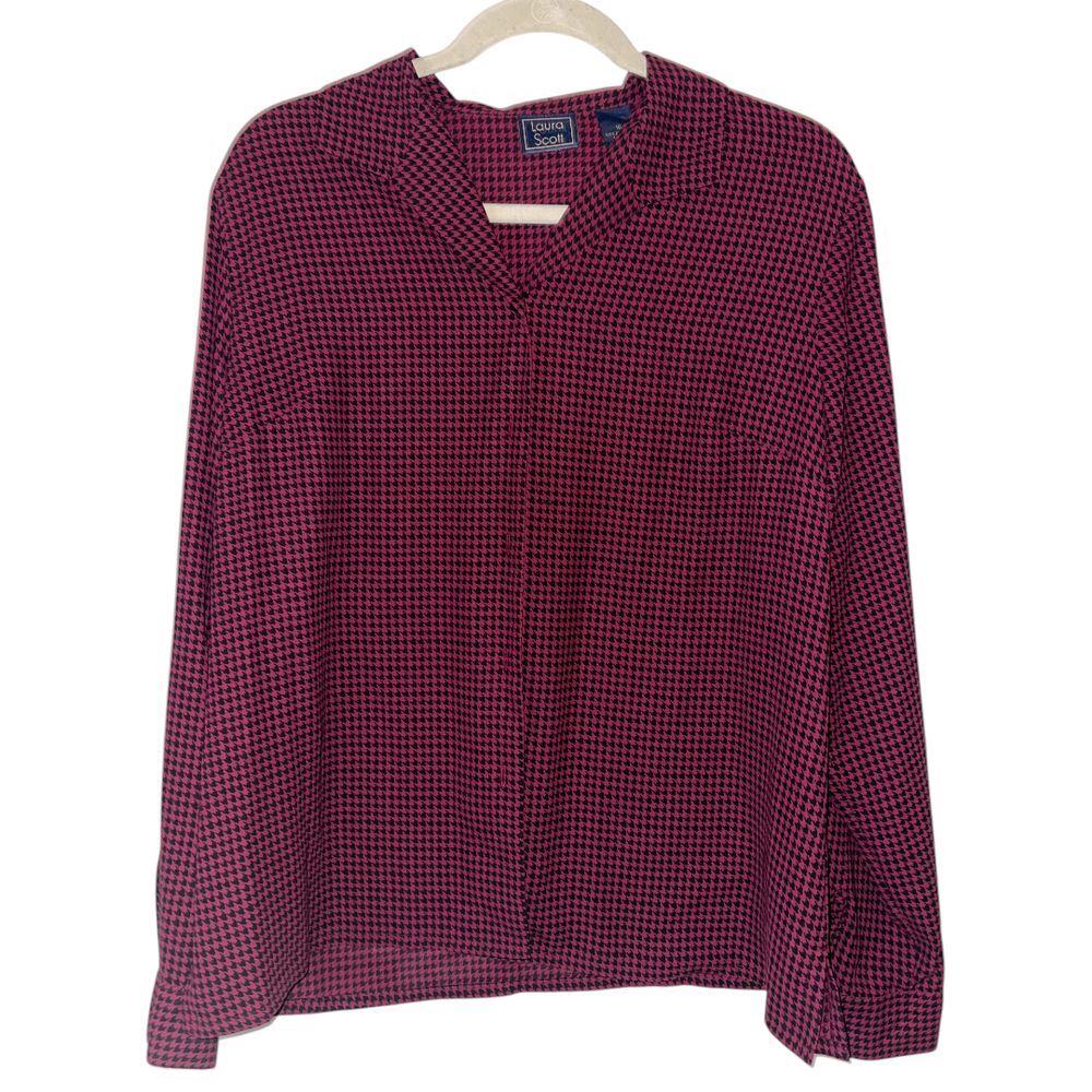 NWOT Laura Scott Button Front Houndstooth Check Burgundy Long Sleeve Blouse 16‎